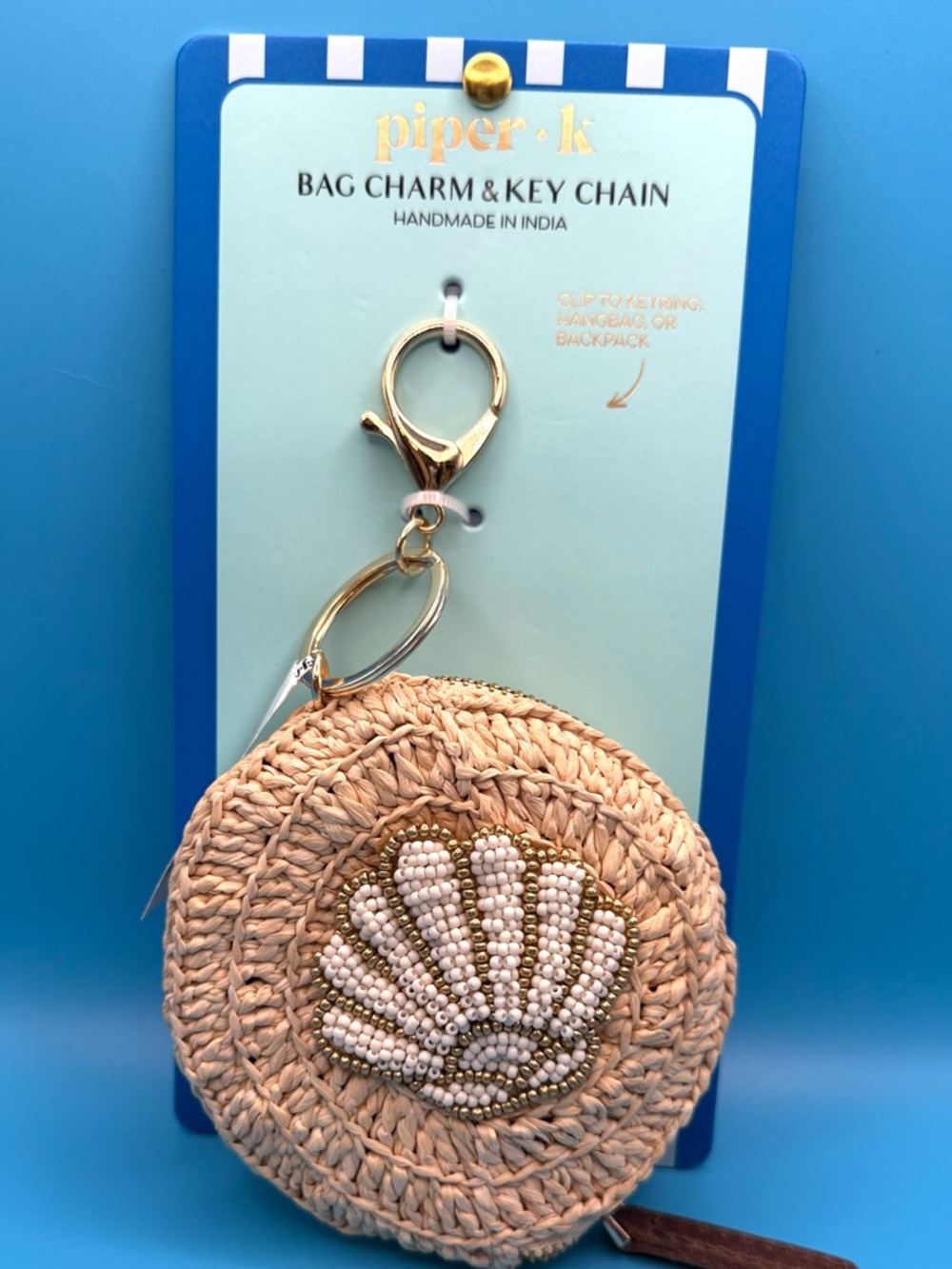 Piper K Beaded Straw Seashell Key Chain in Natural and Gold